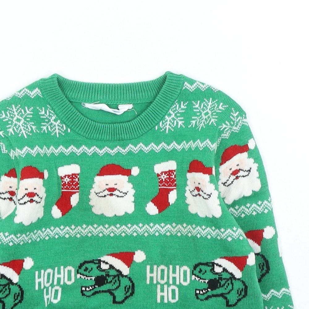 Primark Boys Green Round Neck Geometric Acrylic Pullover Jumper Size 4-5 Years Pullover - Christmas Dinosaur