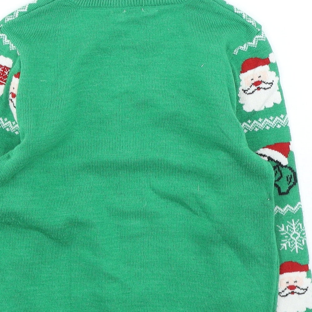 Primark Boys Green Round Neck Geometric Acrylic Pullover Jumper Size 4-5 Years Pullover - Christmas Dinosaur