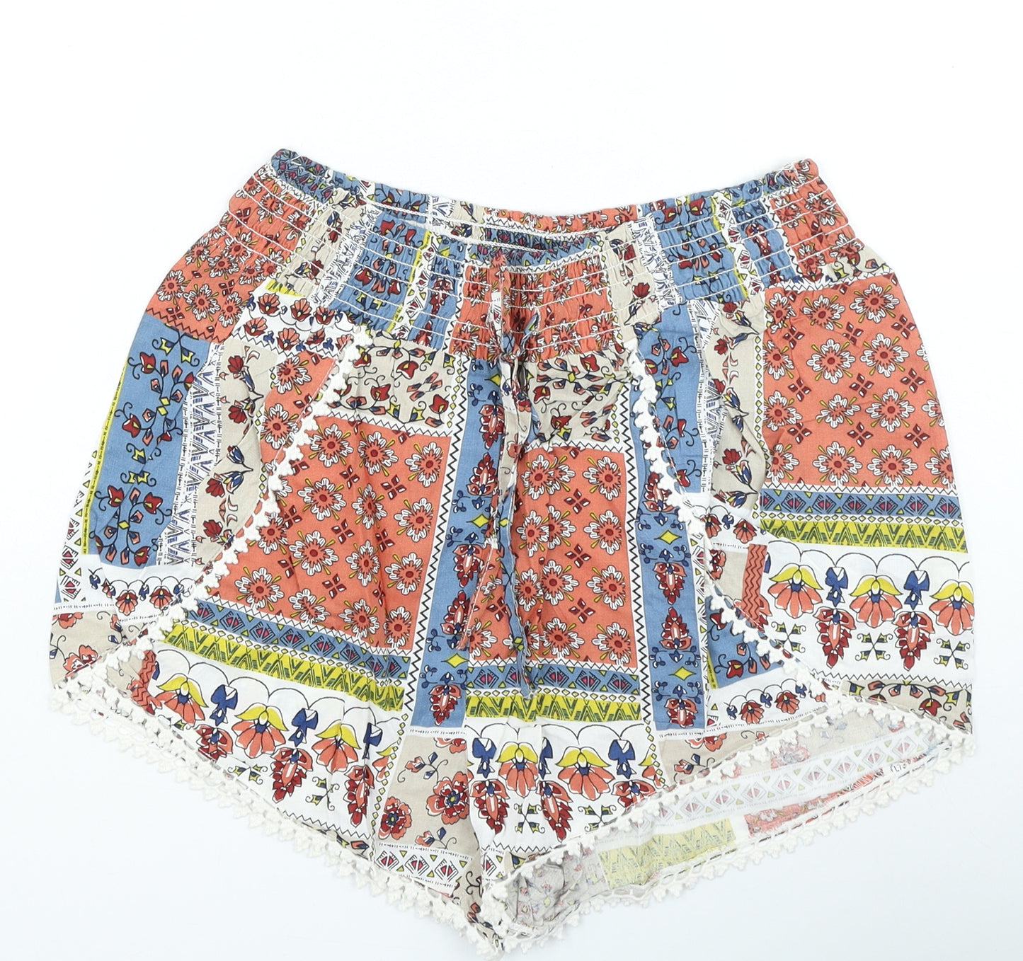 Primark Womens Multicoloured Geometric Viscose Sweat Shorts Size 10 L4 in Extra-Slim Drawstring