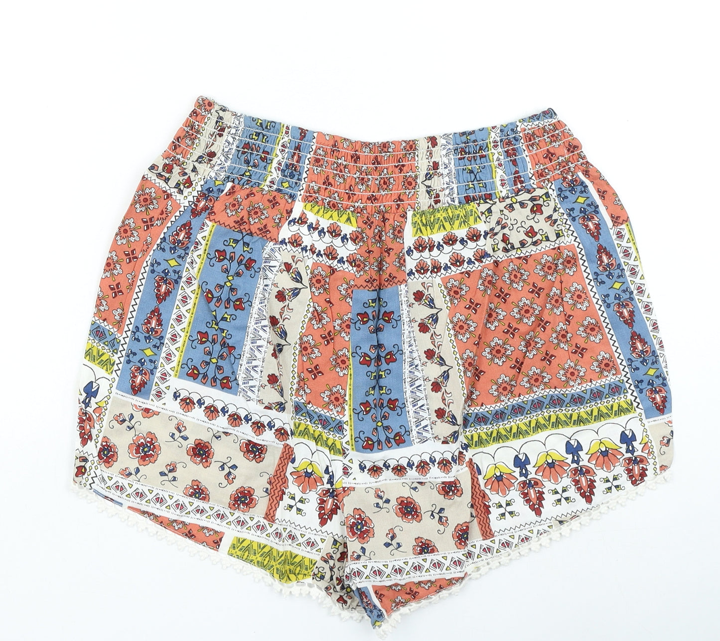 Primark Womens Multicoloured Geometric Viscose Sweat Shorts Size 10 L4 in Extra-Slim Drawstring