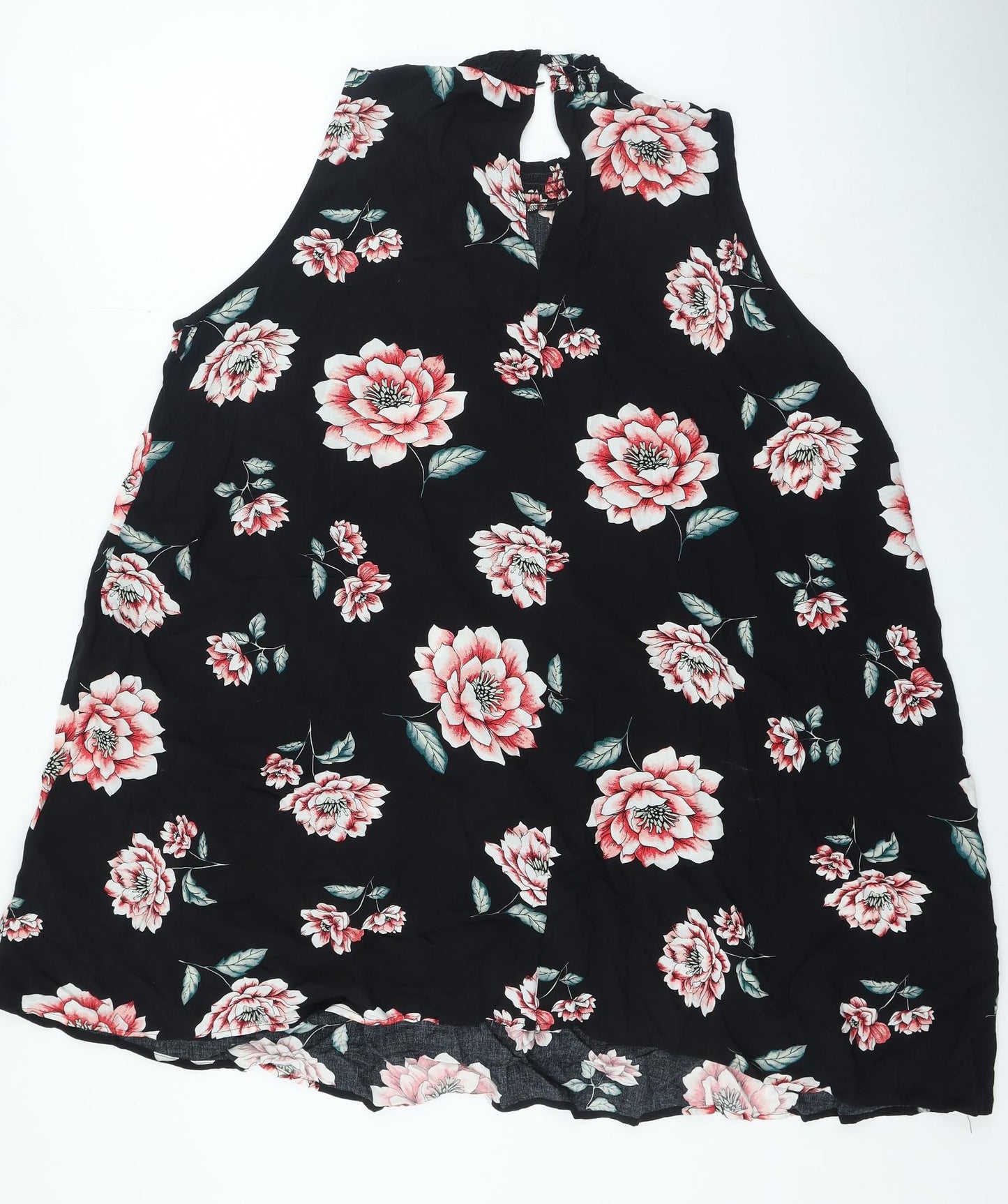 Primark Womens Black Floral Polyester Shift Size 20 High Neck Button