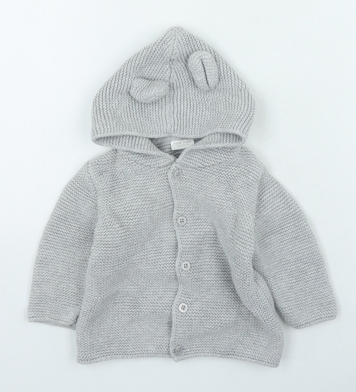 NEXT Boys Grey Cotton Cardigan Jumper Size 6-9 Months Button - Ears on hood