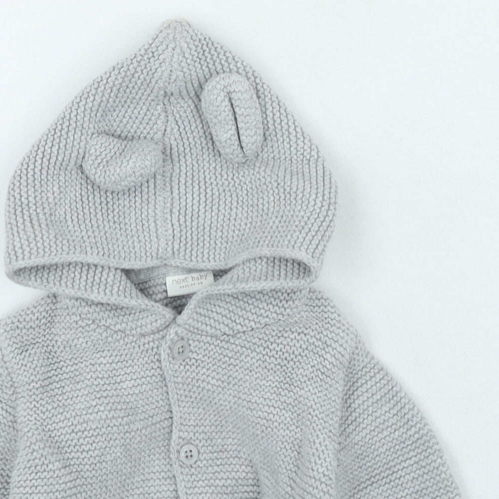 NEXT Boys Grey Cotton Cardigan Jumper Size 6-9 Months Button - Ears on hood