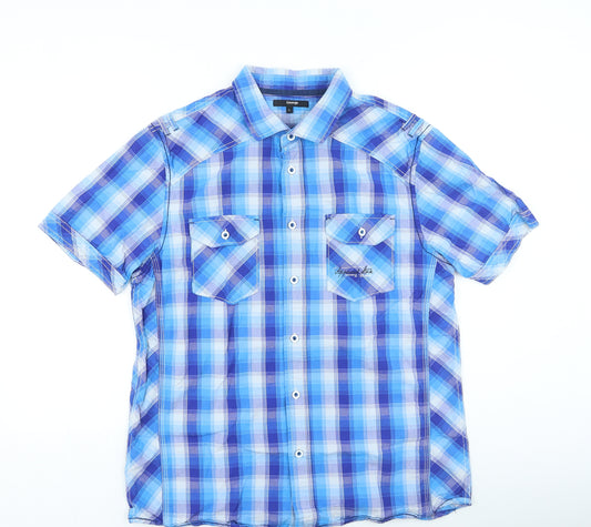 George Mens Blue Plaid Cotton Button-Up Size L Collared Button