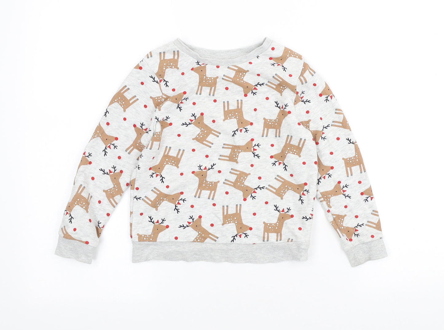 George Girls Grey Geometric Cotton Pullover Sweatshirt Size 4-5 Years - Christmas Reindeer