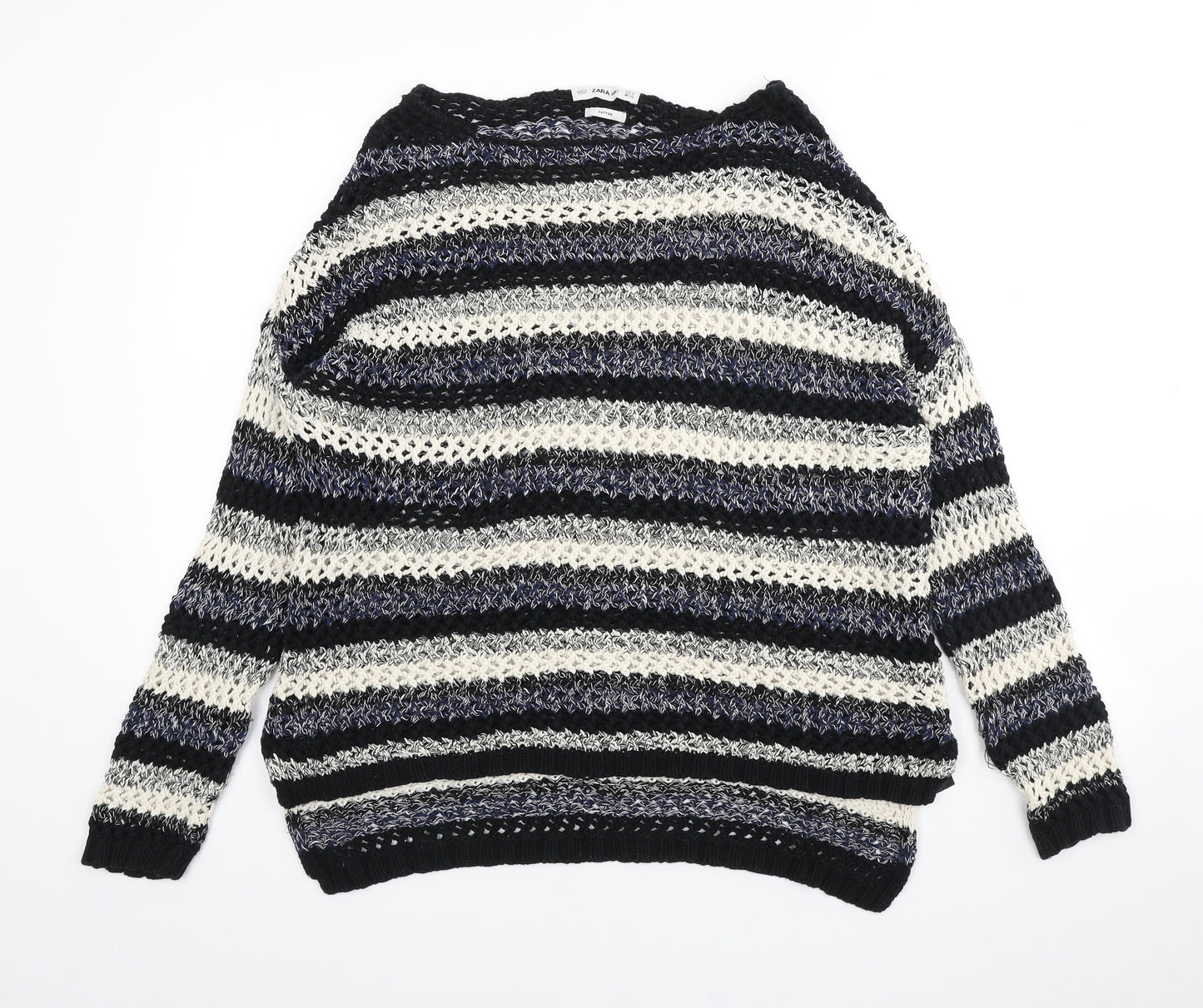 Zara Womens Multicoloured Scoop Neck Striped Cotton Pullover Jumper Size M