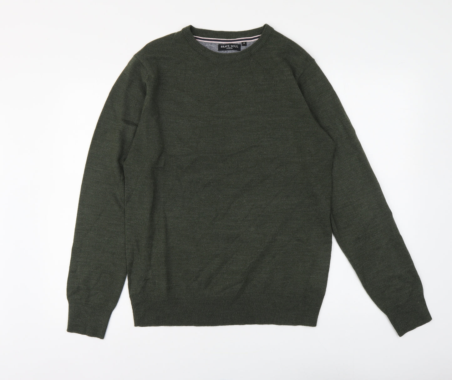 Brave Soul Mens Green Round Neck Acrylic Pullover Jumper Size M