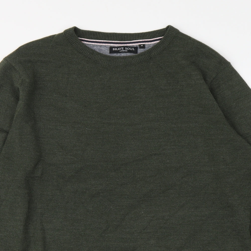 Brave Soul Mens Green Round Neck Acrylic Pullover Jumper Size M