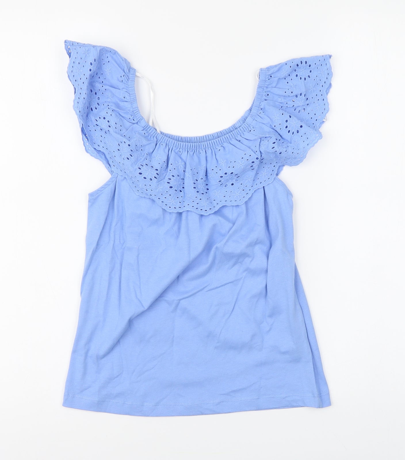 Dunnes Stores Girls Blue Cotton Basic Blouse Size 7 Years Square Neck Pullover - Broderie Anglaise