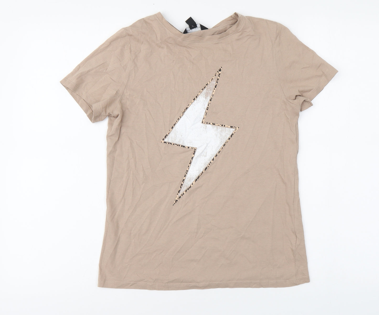 New Look Womens Beige Cotton Basic T-Shirt Size 6 Round Neck - Lighting Bolt
