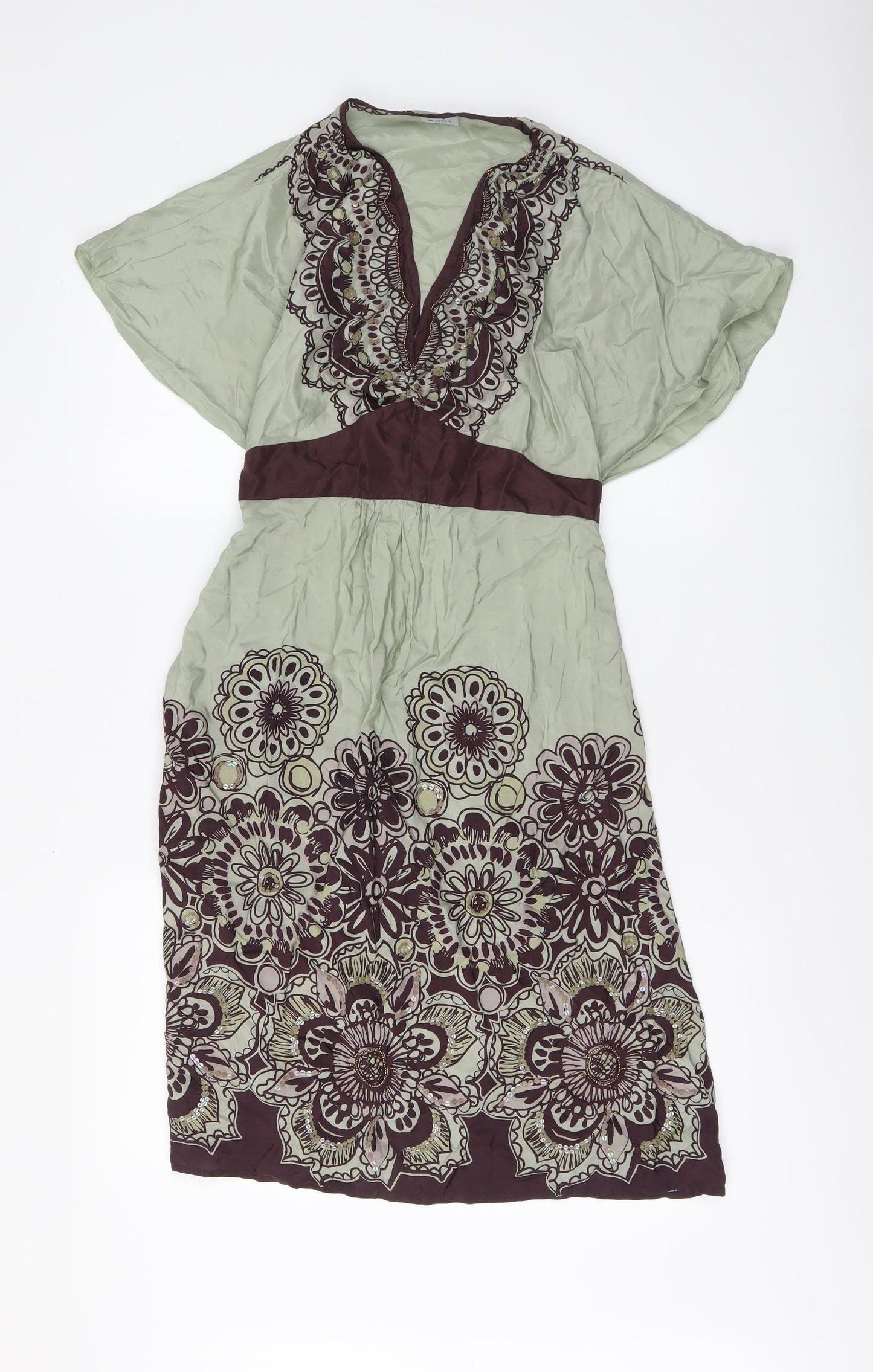 Oasis Womens Green Geometric Silk A-Line Size 12 V-Neck Pullover