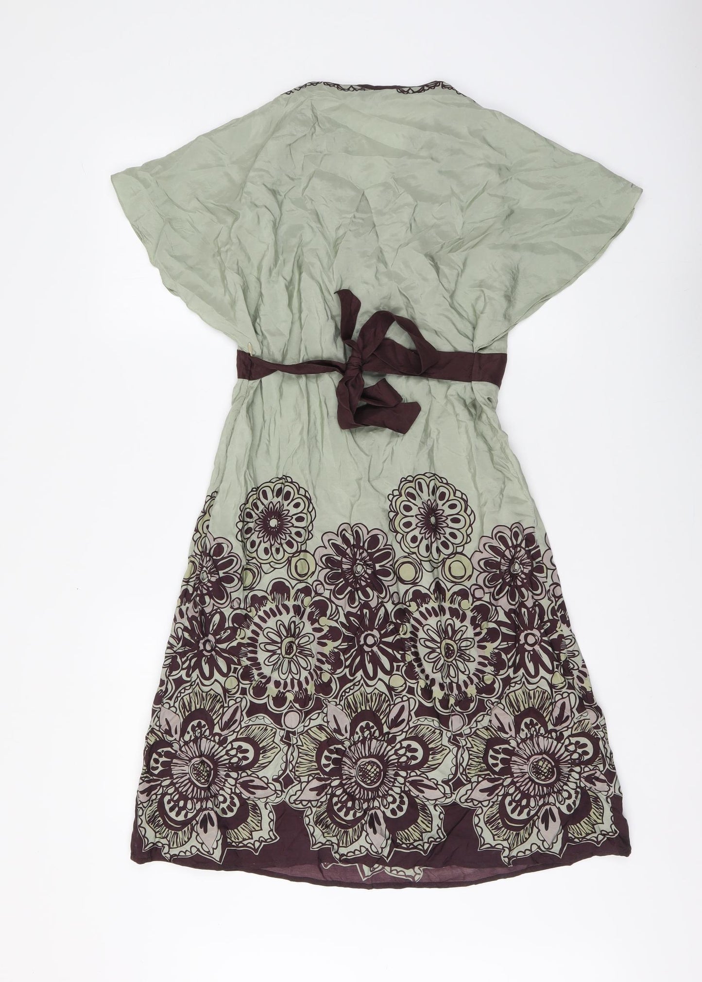 Oasis Womens Green Geometric Silk A-Line Size 12 V-Neck Pullover