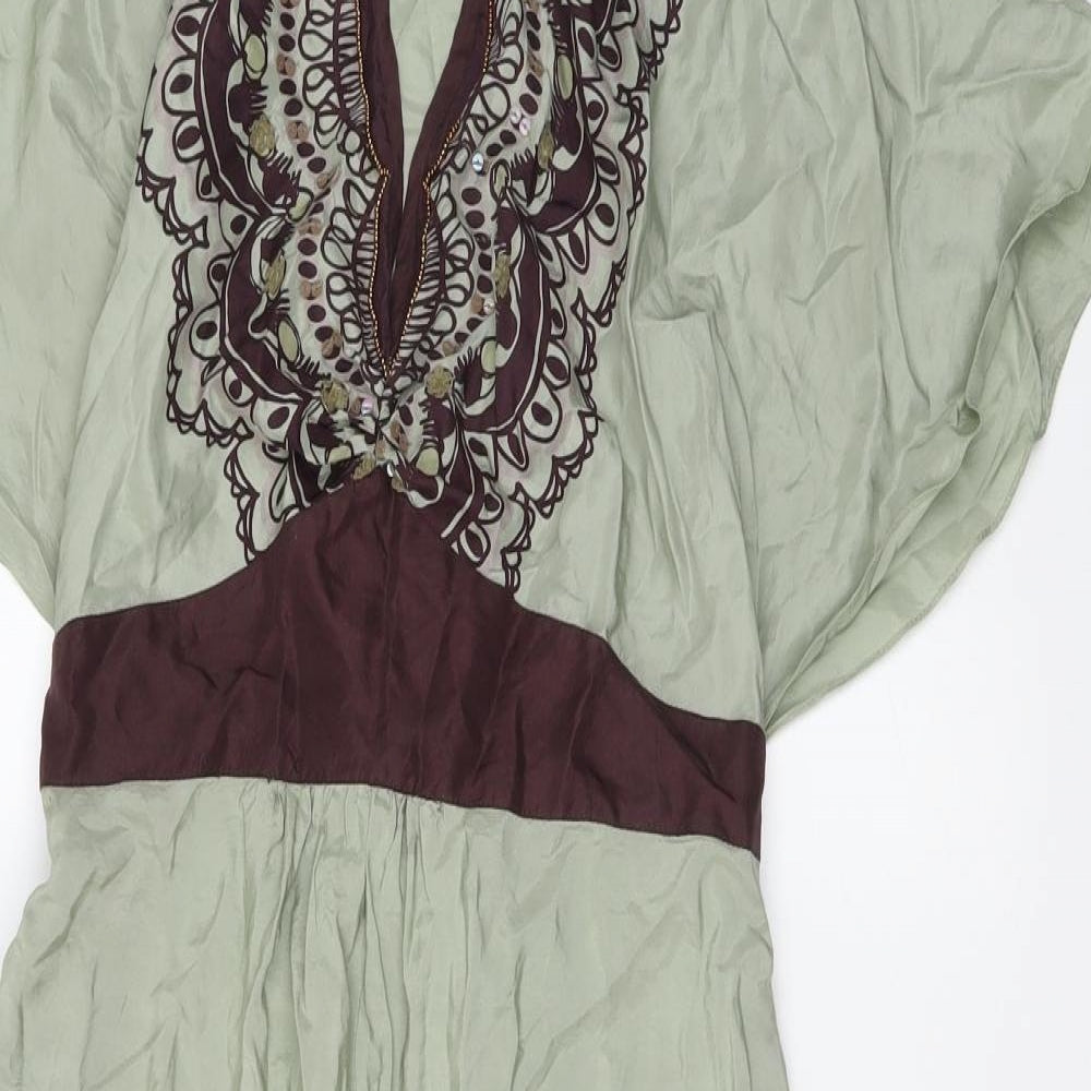 Oasis Womens Green Geometric Silk A-Line Size 12 V-Neck Pullover