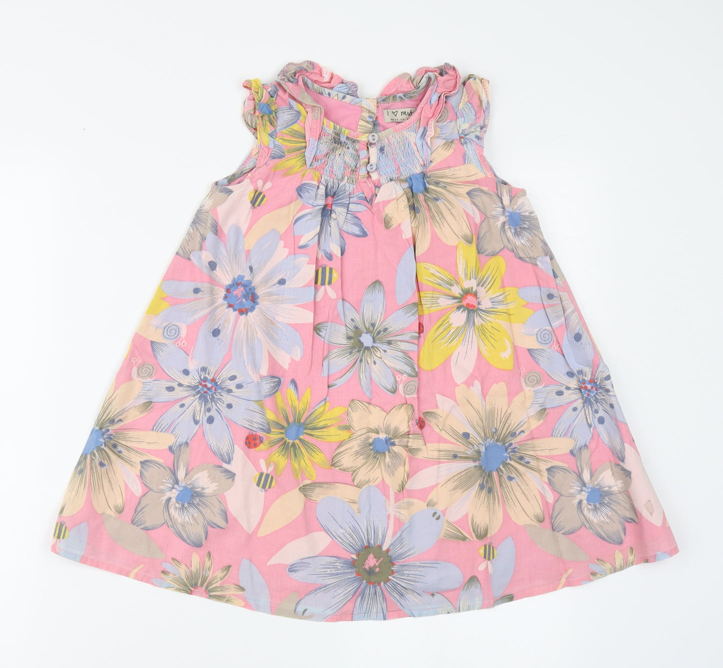 NEXT Girls Pink Floral Cotton Skater Dress Size 3-4 Years Round Neck Button