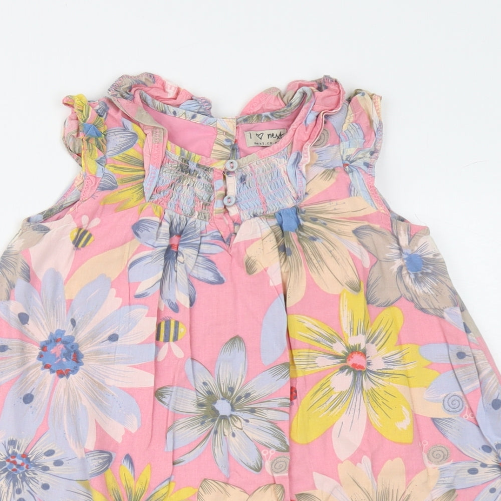NEXT Girls Pink Floral Cotton Skater Dress Size 3-4 Years Round Neck Button