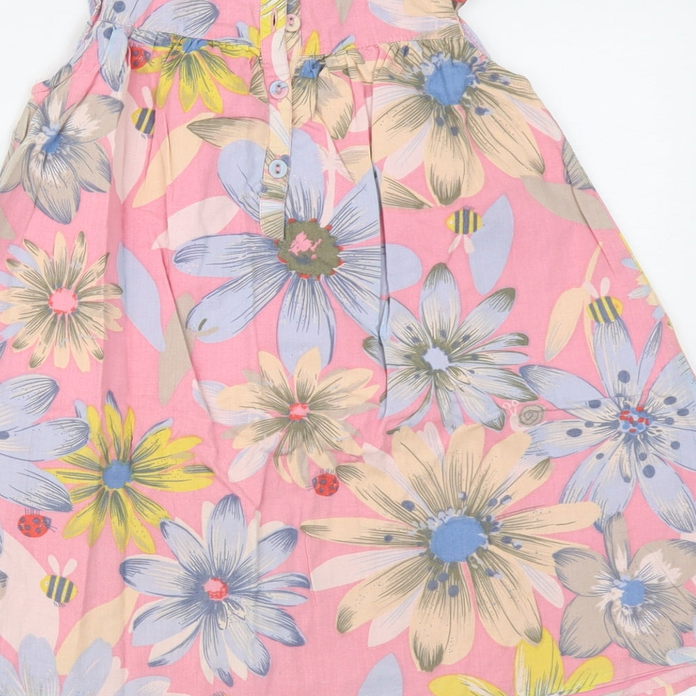 NEXT Girls Pink Floral Cotton Skater Dress Size 3-4 Years Round Neck Button