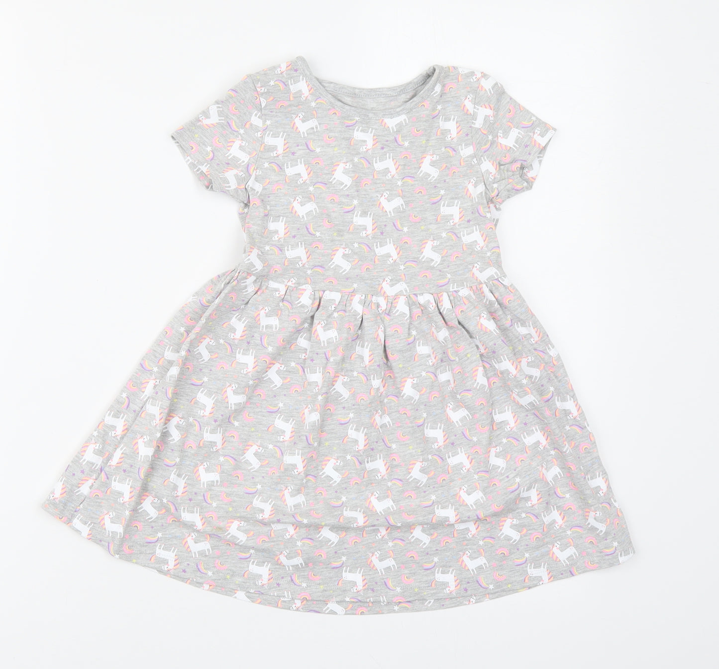 Dunnes Stores Girls Grey Geometric Cotton Skater Dress Size 3-4 Years Round Neck Pullover - Unicorn