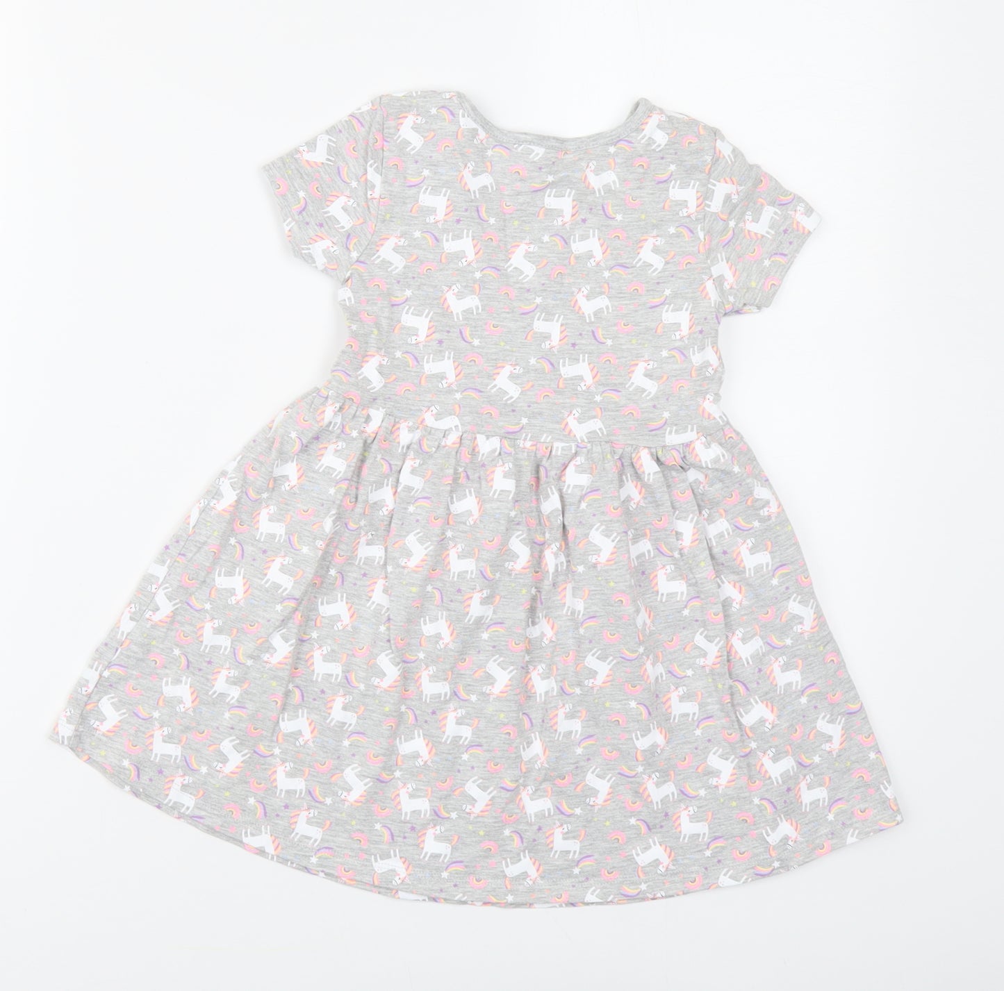 Dunnes Stores Girls Grey Geometric Cotton Skater Dress Size 3-4 Years Round Neck Pullover - Unicorn