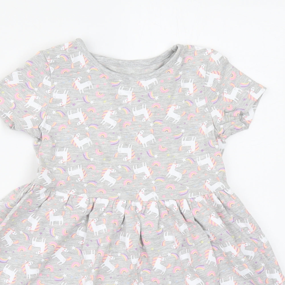 Dunnes Stores Girls Grey Geometric Cotton Skater Dress Size 3-4 Years Round Neck Pullover - Unicorn