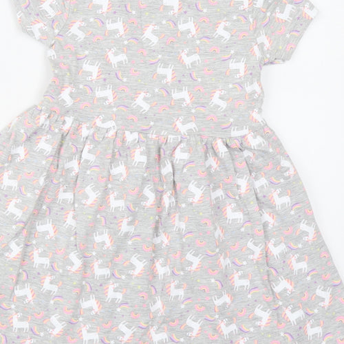 Dunnes Stores Girls Grey Geometric Cotton Skater Dress Size 3-4 Years Round Neck Pullover - Unicorn