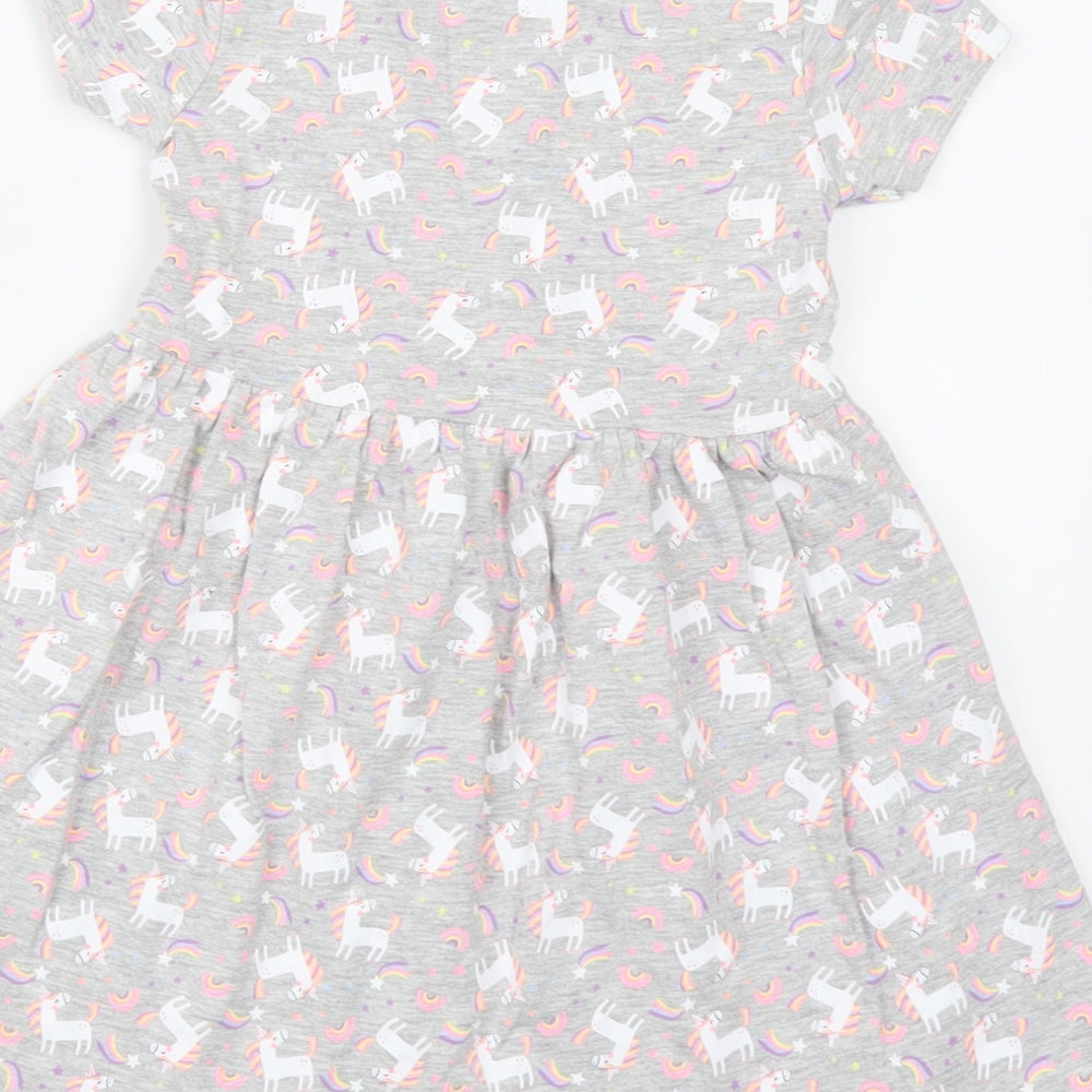 Dunnes Stores Girls Grey Geometric Cotton Skater Dress Size 3-4 Years Round Neck Pullover - Unicorn