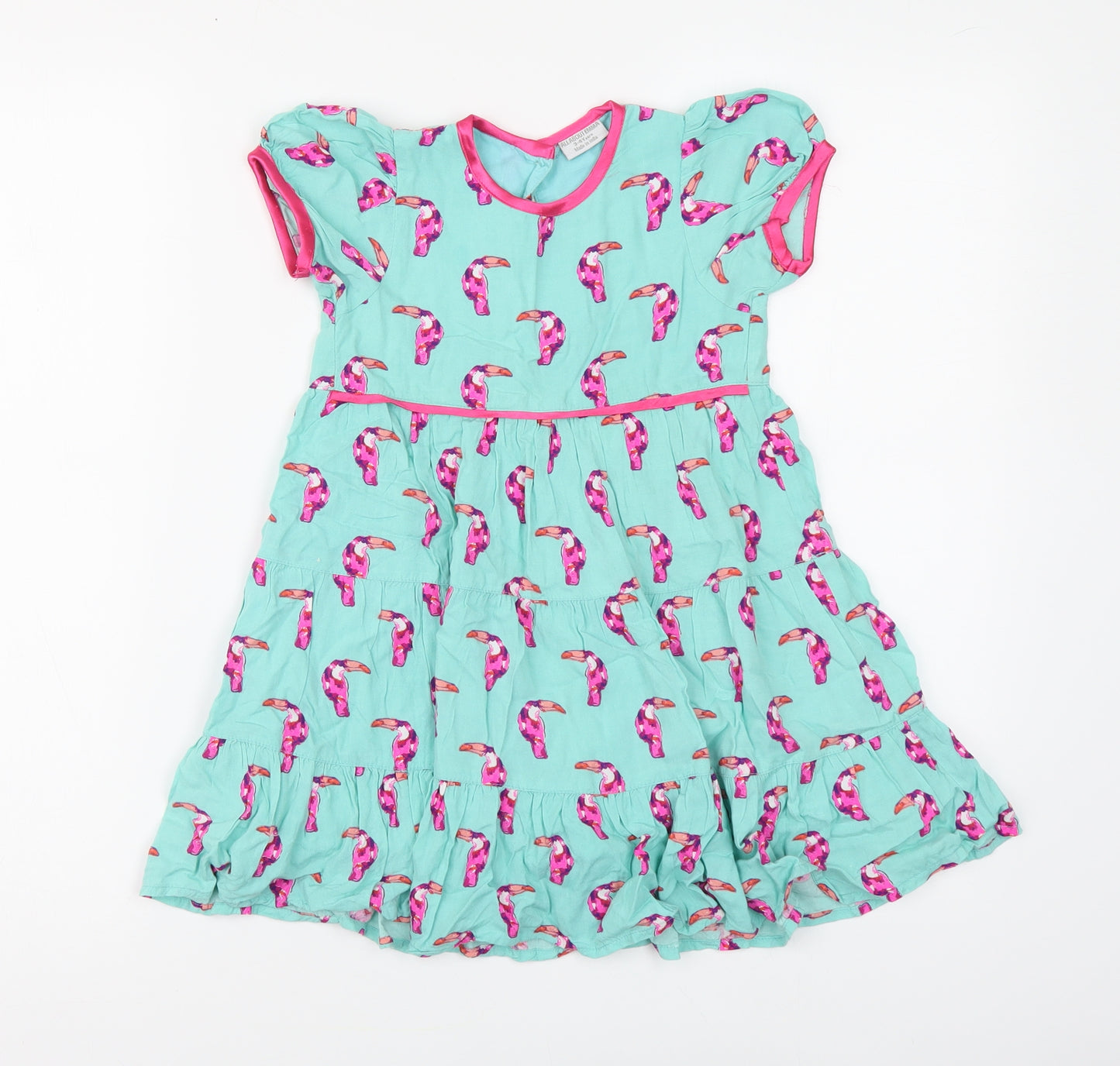 All About Emma Girls Green Geometric Viscose Skater Dress Size 3-4 Years Round Neck Button
