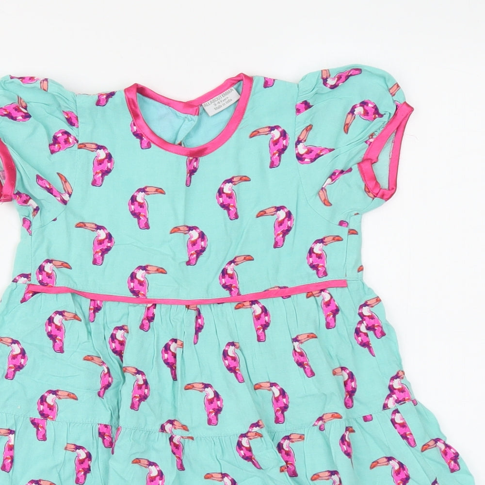 All About Emma Girls Green Geometric Viscose Skater Dress Size 3-4 Years Round Neck Button