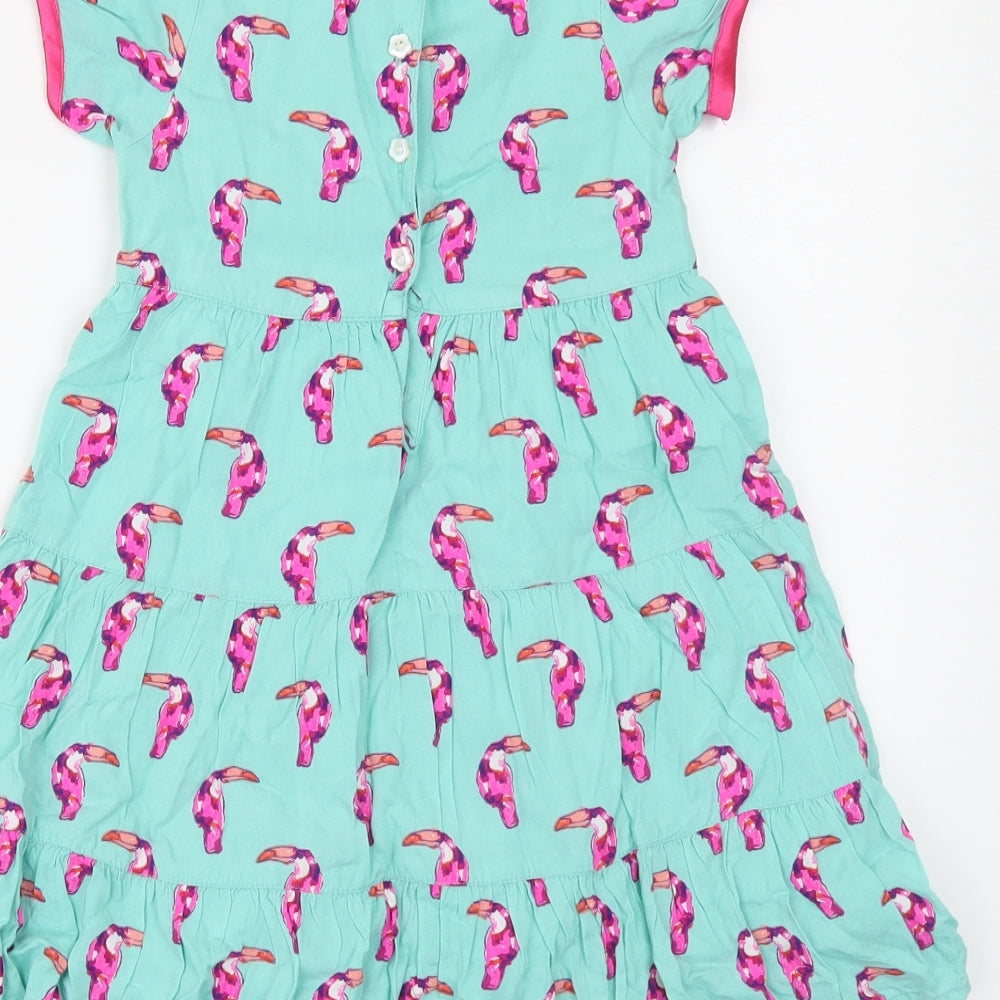 All About Emma Girls Green Geometric Viscose Skater Dress Size 3-4 Years Round Neck Button