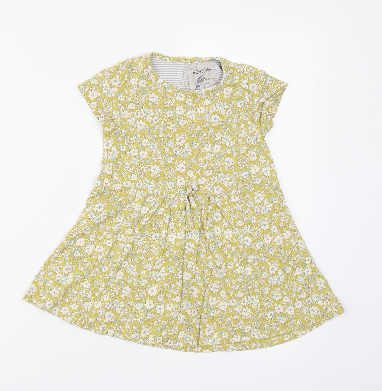 NEXT Girls Yellow Floral Cotton Skater Dress Size 3-4 Years Round Neck Button