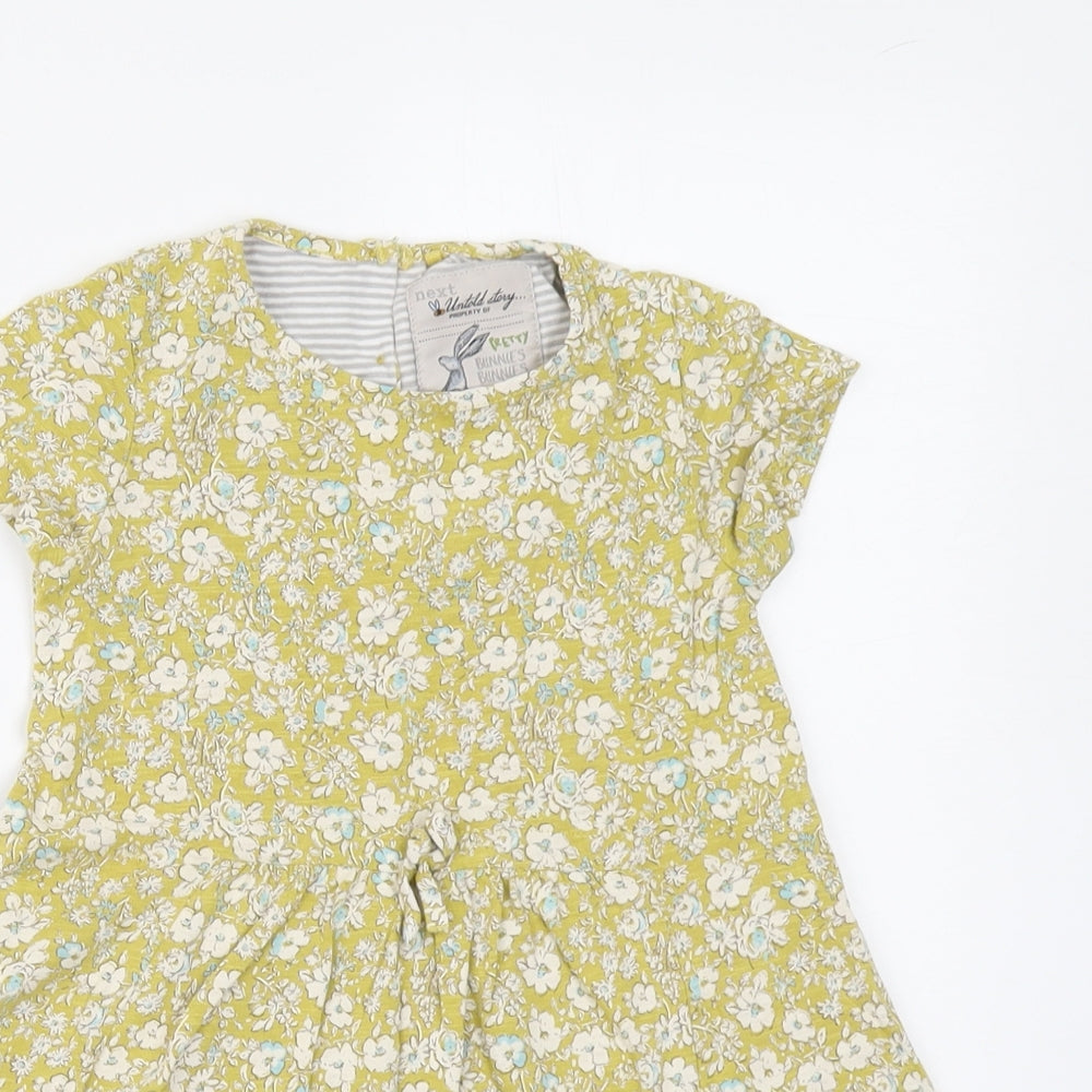 NEXT Girls Yellow Floral Cotton Skater Dress Size 3-4 Years Round Neck Button