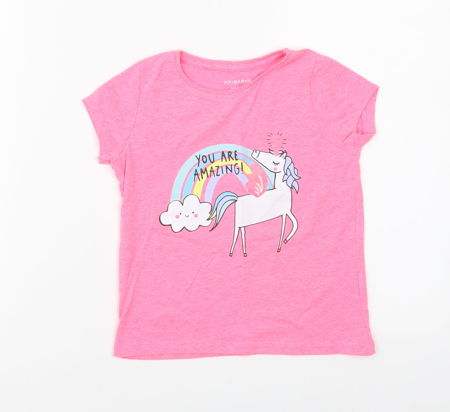 Primark Girls Pink Cotton Basic T-Shirt Size 3-4 Years Round Neck Pullover - Unicorn