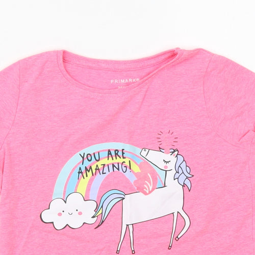 Primark Girls Pink Cotton Basic T-Shirt Size 3-4 Years Round Neck Pullover - Unicorn