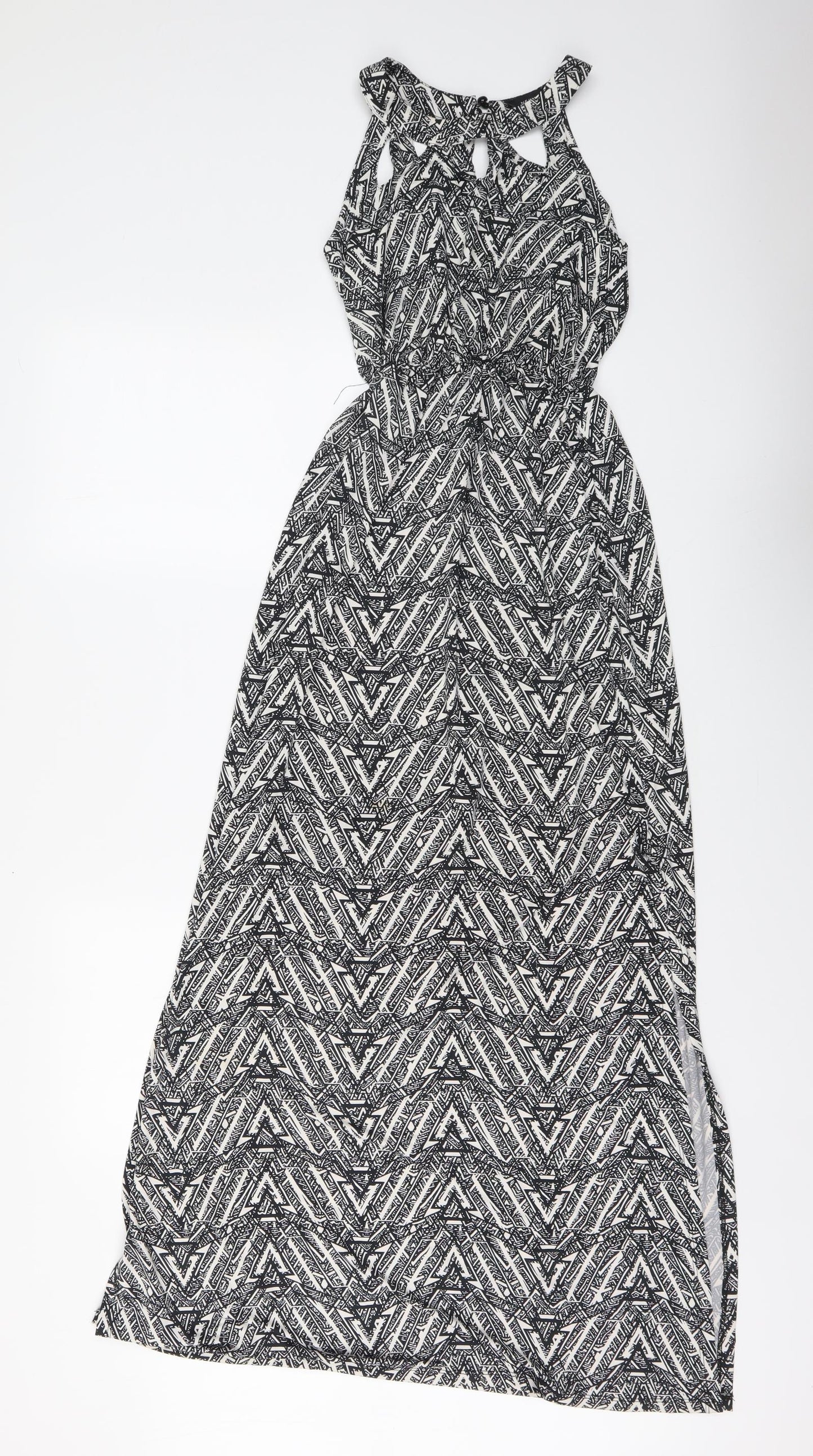 New Look Womens Black Geometric Polyester Maxi Size 8 Round Neck Button