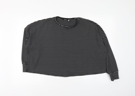 Front view of Boohoo women’s black striped polyester cropped blouse, size UK 16, round neck