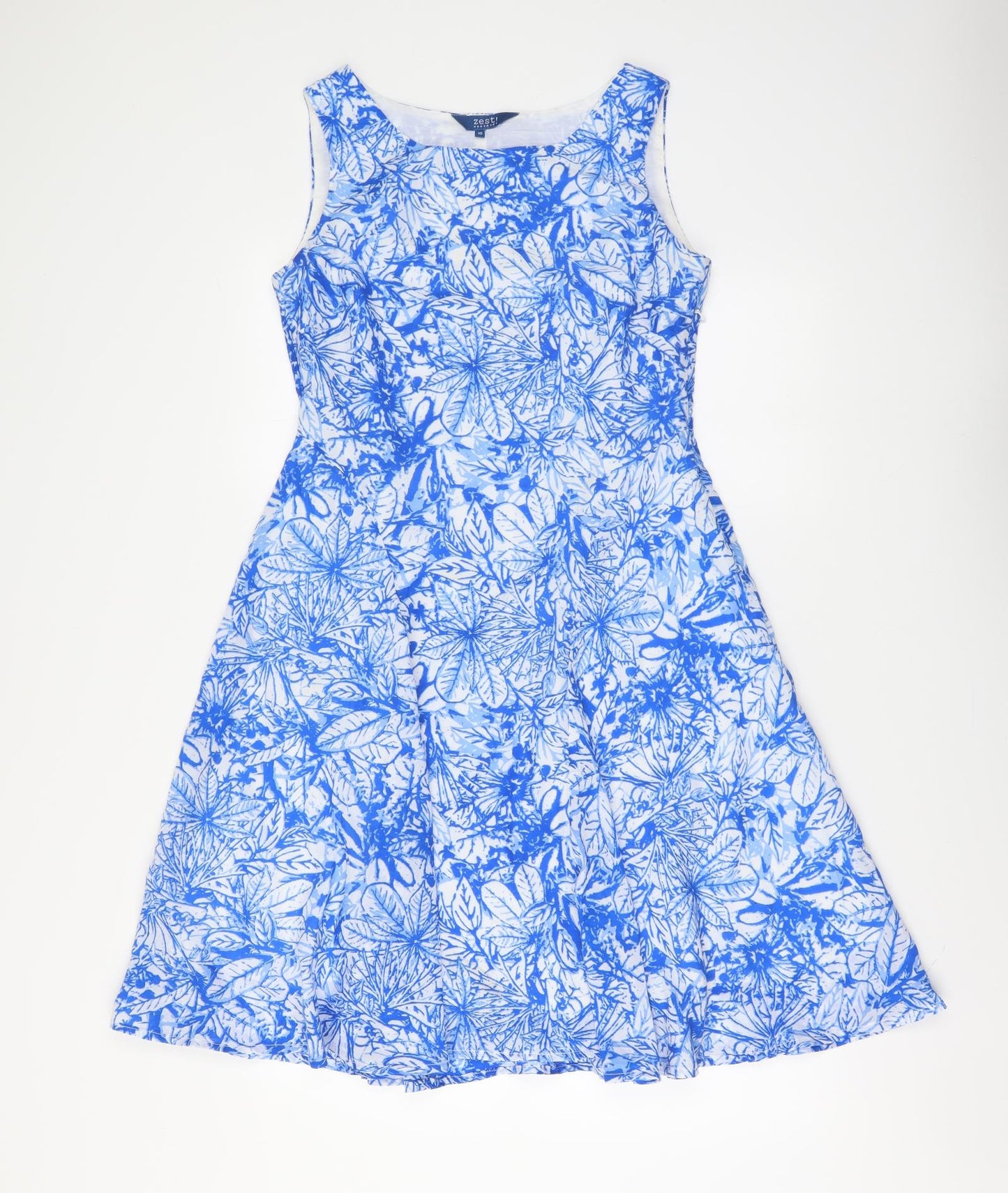 Zest Womens Blue Floral Polyester Skater Dress Size 10 Round Neck Zip