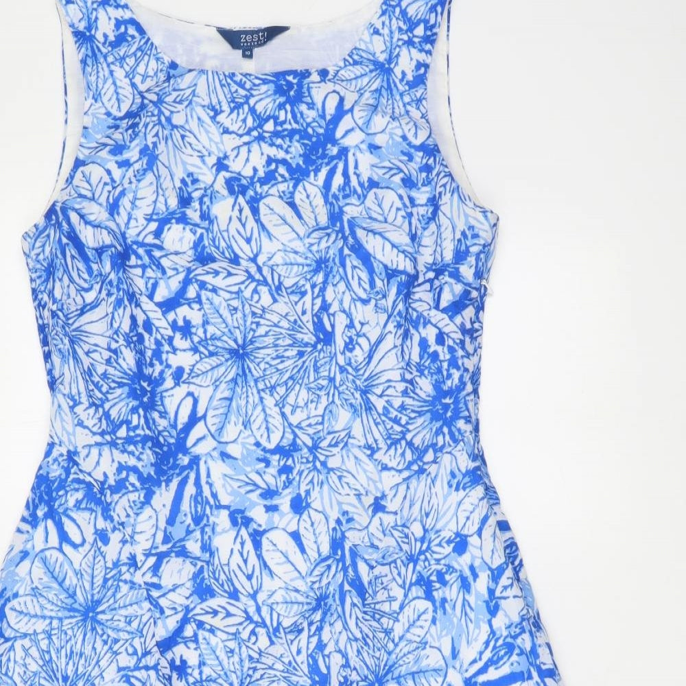 Zest Womens Blue Floral Polyester Skater Dress Size 10 Round Neck Zip