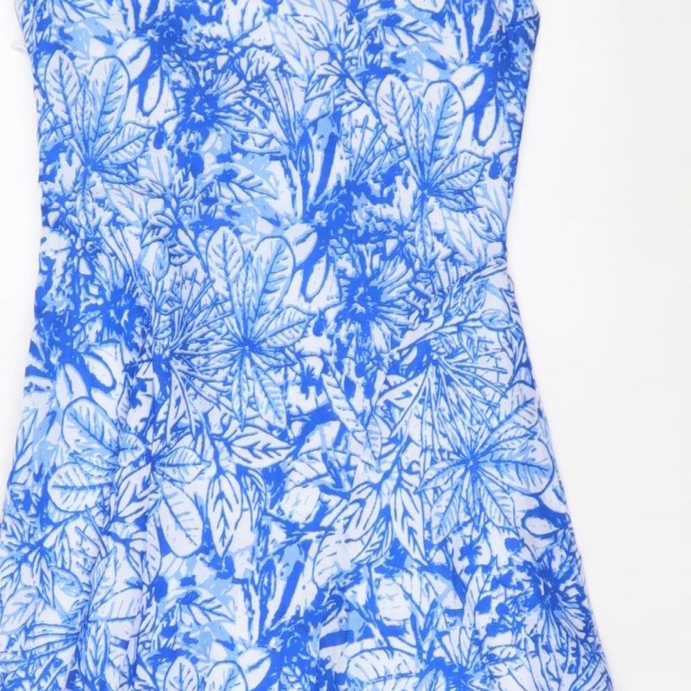 Zest Womens Blue Floral Polyester Skater Dress Size 10 Round Neck Zip
