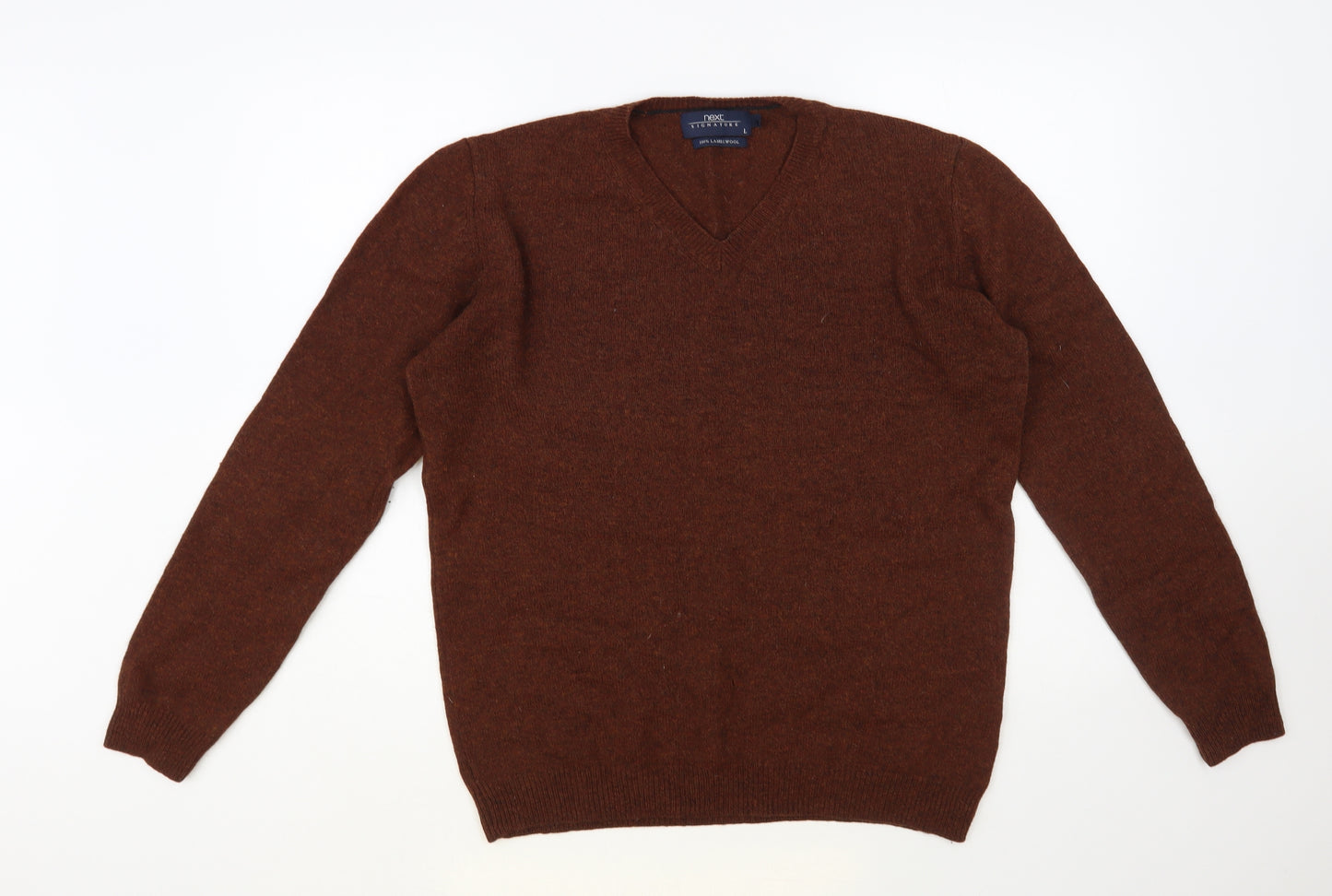 NEXT Mens Brown V-Neck Wool Pullover Jumper Size L