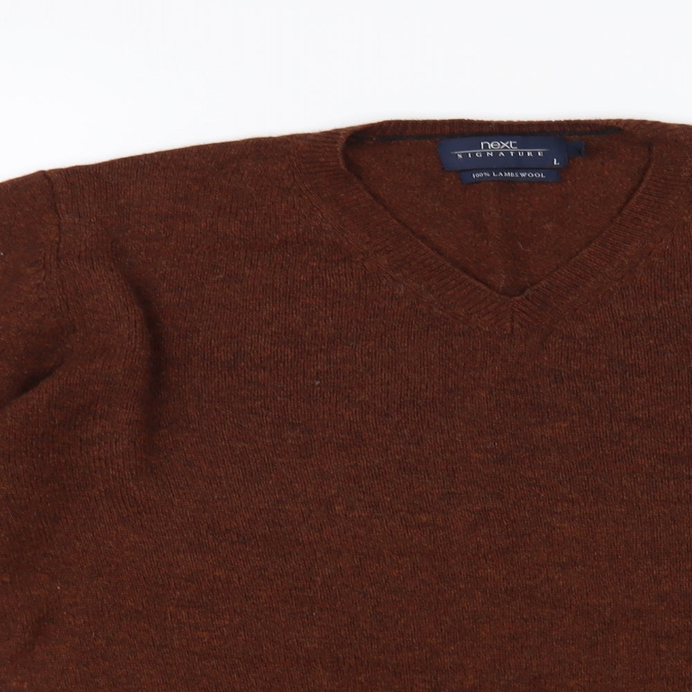 NEXT Mens Brown V-Neck Wool Pullover Jumper Size L