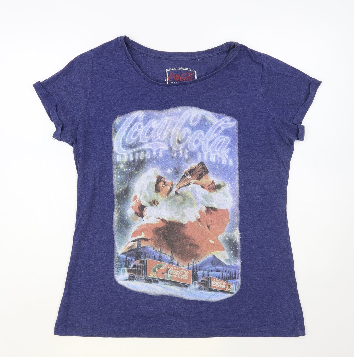 George Womens Blue Polyester Basic T-Shirt Size 16 Round Neck - Coca Cola Christmas