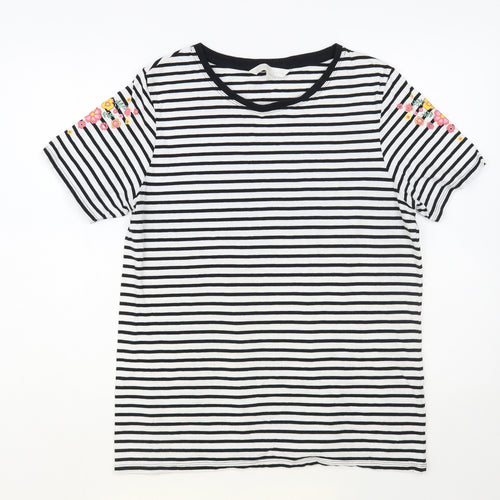 Amara Reya Womens White Striped Cotton Basic T-Shirt Size 14 Round Neck - Flower Detail