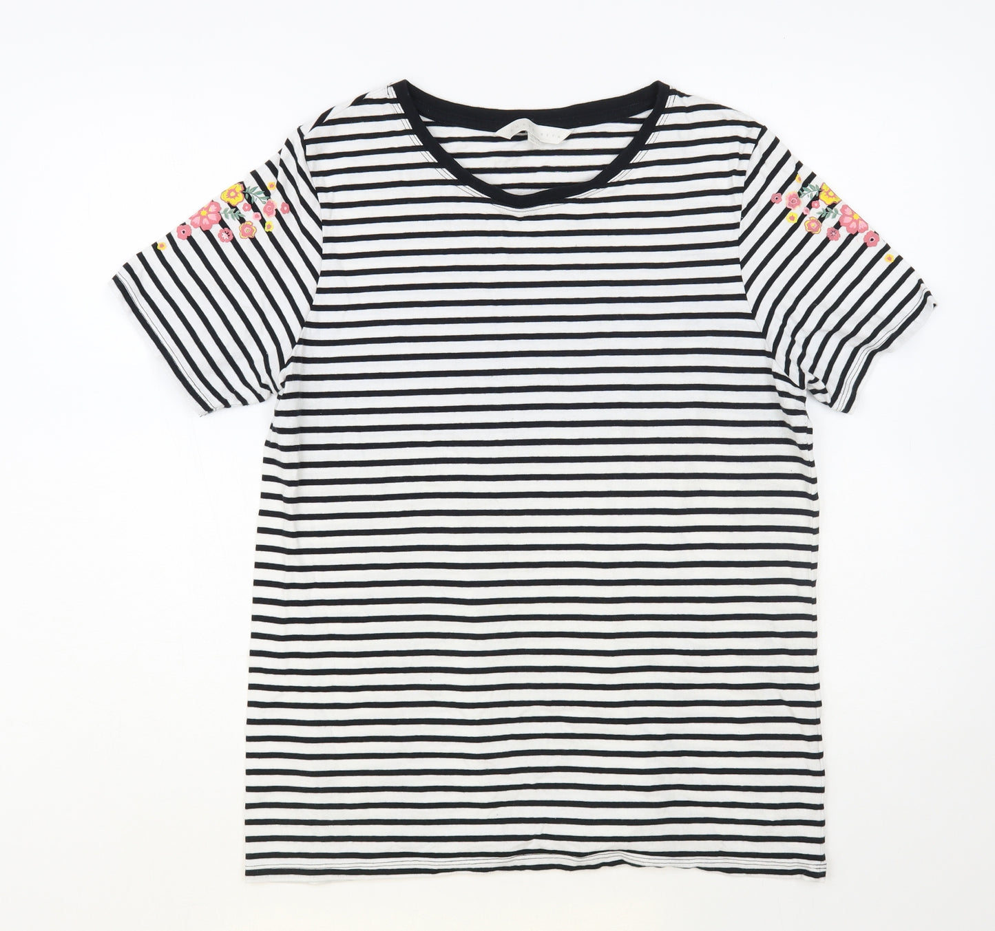 Amara Reya Womens White Striped Cotton Basic T-Shirt Size 14 Round Neck - Flower Detail