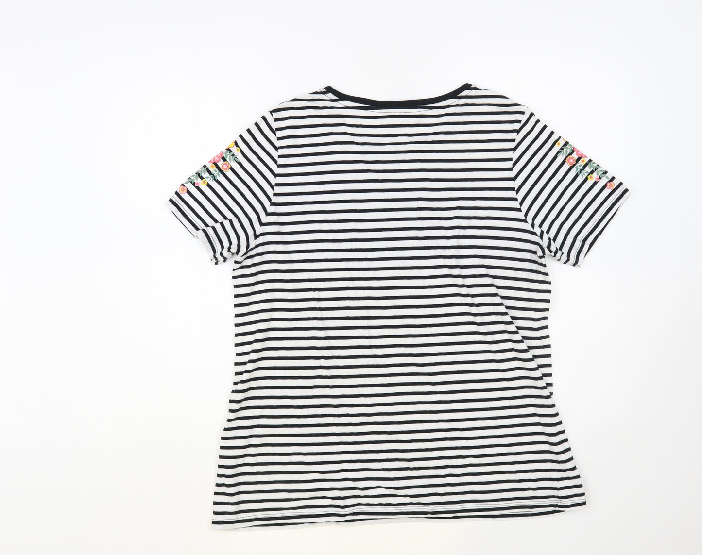 Amara Reya Womens White Striped Cotton Basic T-Shirt Size 14 Round Neck - Flower Detail