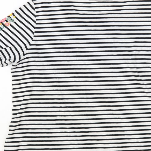 Amara Reya Womens White Striped Cotton Basic T-Shirt Size 14 Round Neck - Flower Detail