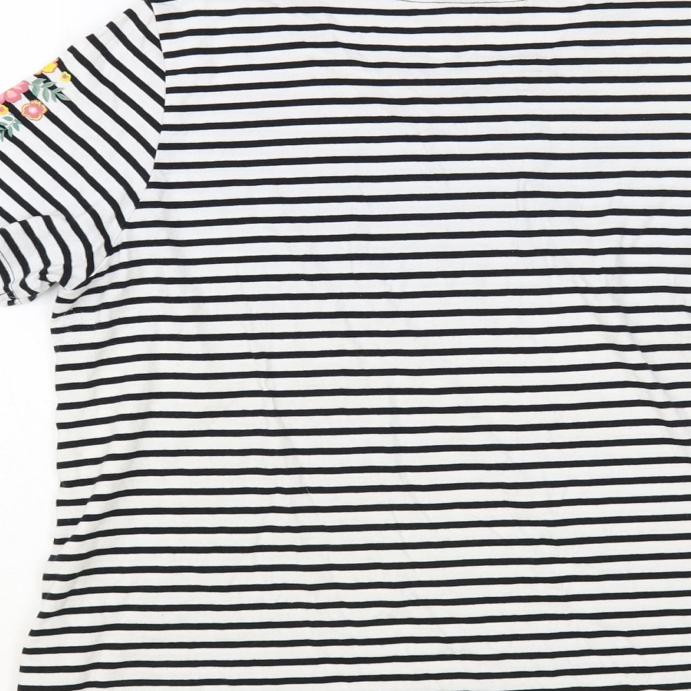 Amara Reya Womens White Striped Cotton Basic T-Shirt Size 14 Round Neck - Flower Detail