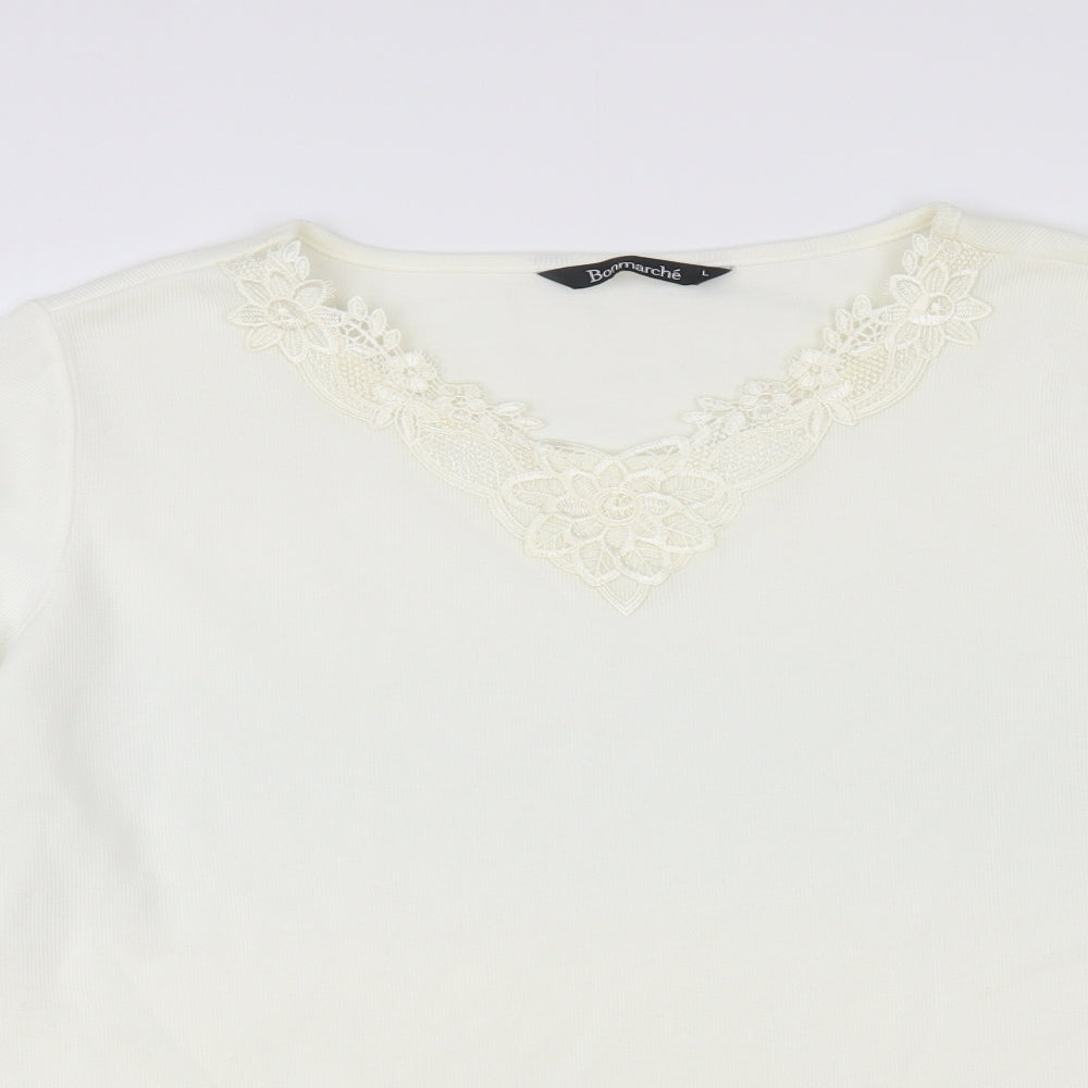 Bonmarché Womens White V-Neck Polyester Pullover Jumper Size L - Lace Detail