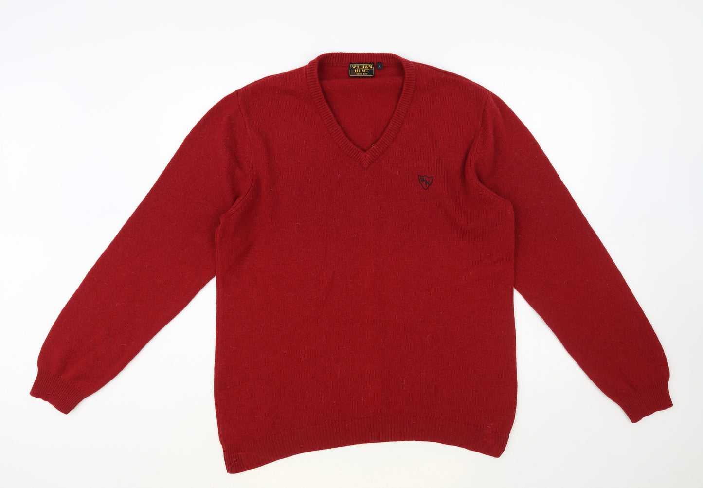 William Hunt Mens Red V-Neck Wool Pullover Jumper Size L