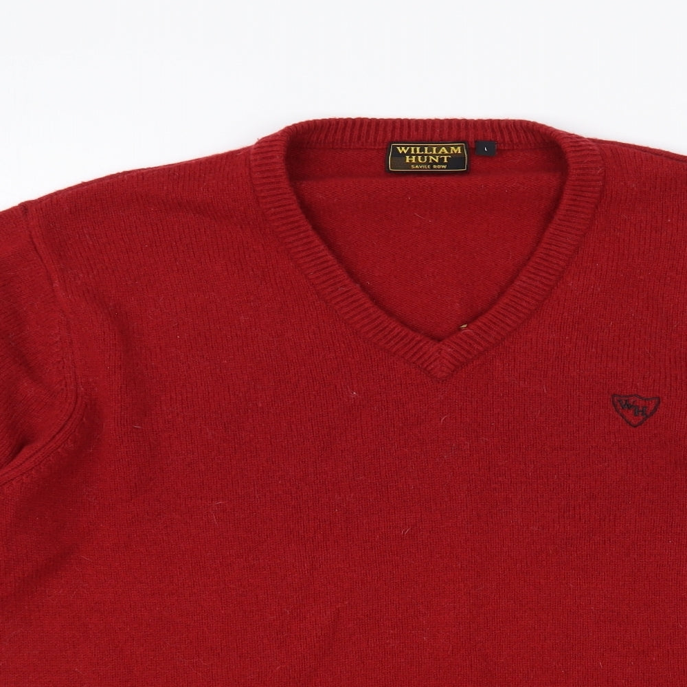 William Hunt Mens Red V-Neck Wool Pullover Jumper Size L