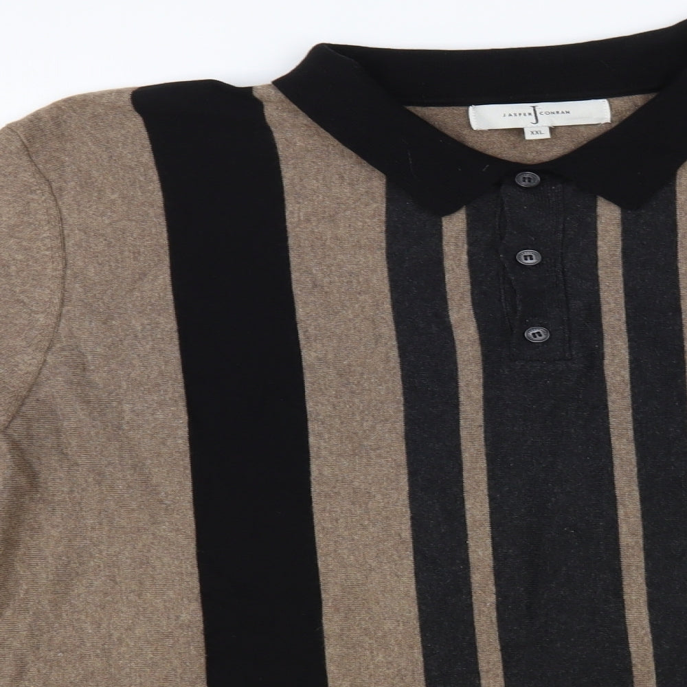Jasper Conran Mens Beige Collared Striped Cotton Pullover Jumper Size 2XL