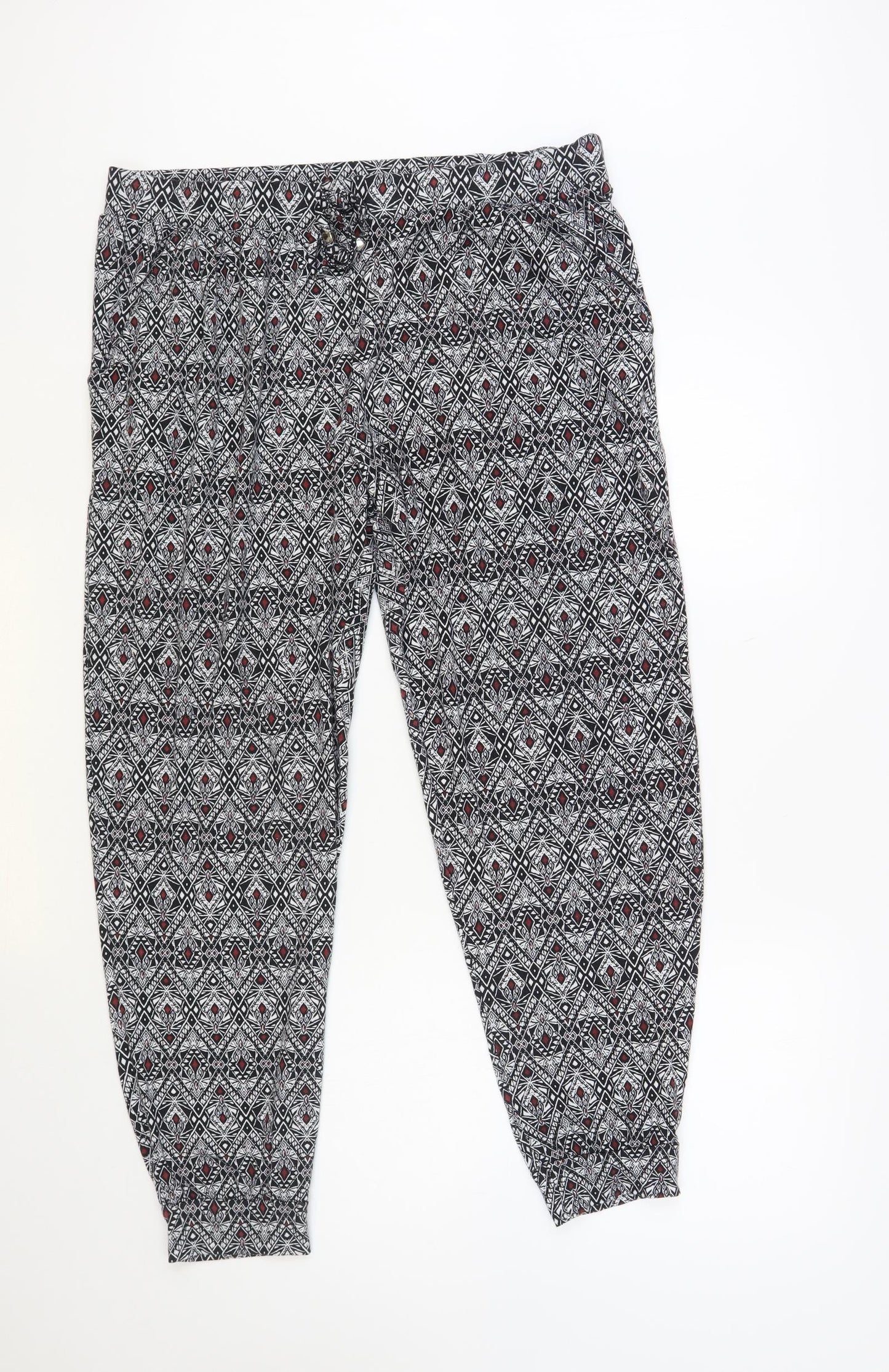 Primark Womens Black Geometric Polyester Trousers Size 16 L28 in Regular Drawstring